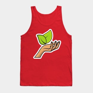 Hand Holding Leaf Sticker vector illustration. Natural products icon concept. Leaf in a hand sign of environmental protection icon. Green leaves and woman hand sticker design logo. Tank Top